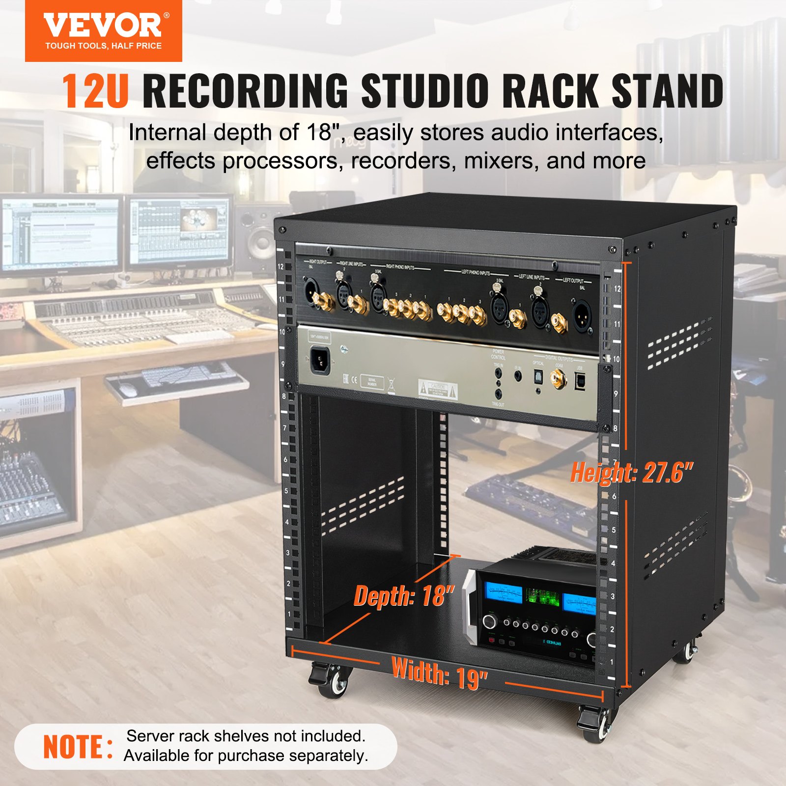 VEVOR 12U AV-Rack-Ständer, 500 lbs Kapazität, Netzwerk-Stereo-Aufnahmestudio-Rack mit feststellbaren Lenkrollen, runden und quadratischen Löchern, speziellen Belüftungsöffnungen für die Montage von 19-Zoll-Audio-, Video-, Musik- und IT-Geräten