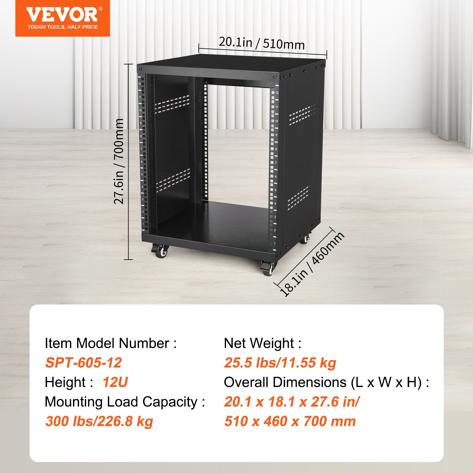 VEVOR 12U AV Rack Stand, 500 lbs capacity, network stereo recording studio rack with lockable casters, round and square holes, special ventilation openings for mounting 19-inch audio, video, music and IT equipment