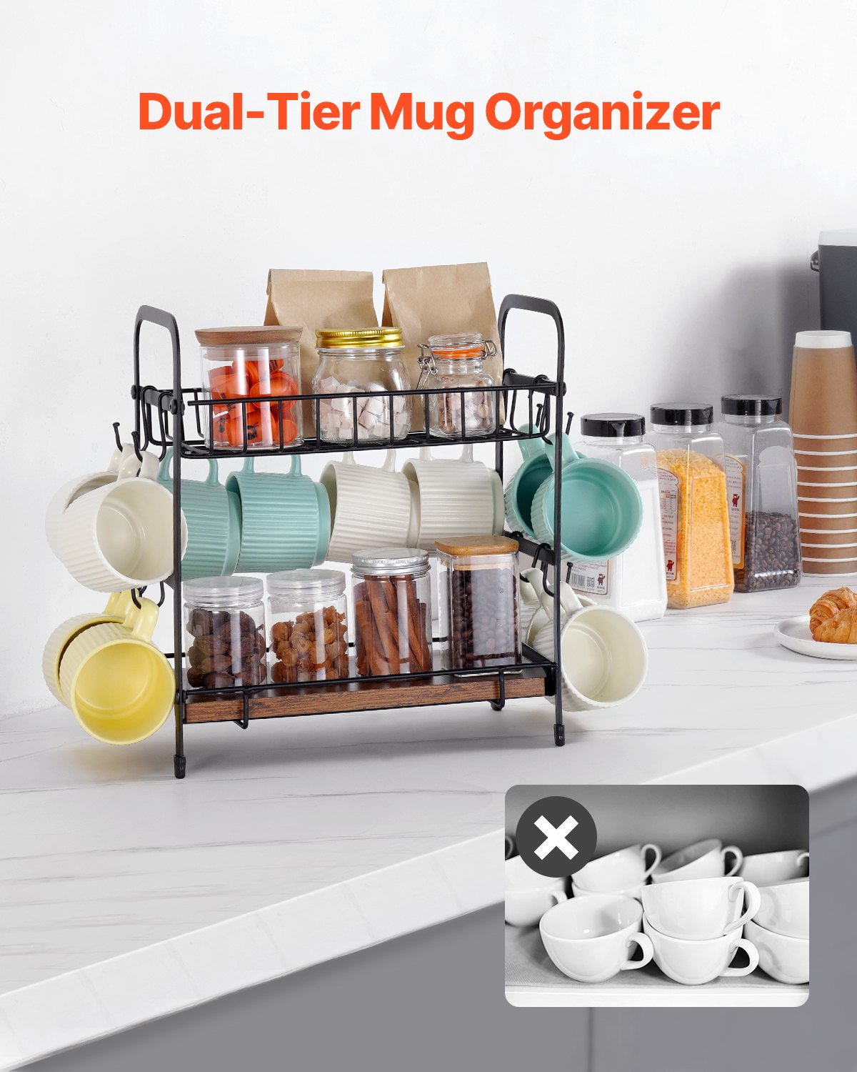 VEVOR Kaffeebar-Organizer Becherhalter mit 2 Ebenen multifunktionaler Tassenhalter und Kaffeestation, 12 bewegliche Haken & 2 Ablagen zur Aufbewahrung und Präsentation von Kaffeezubehör (Schwarz)
