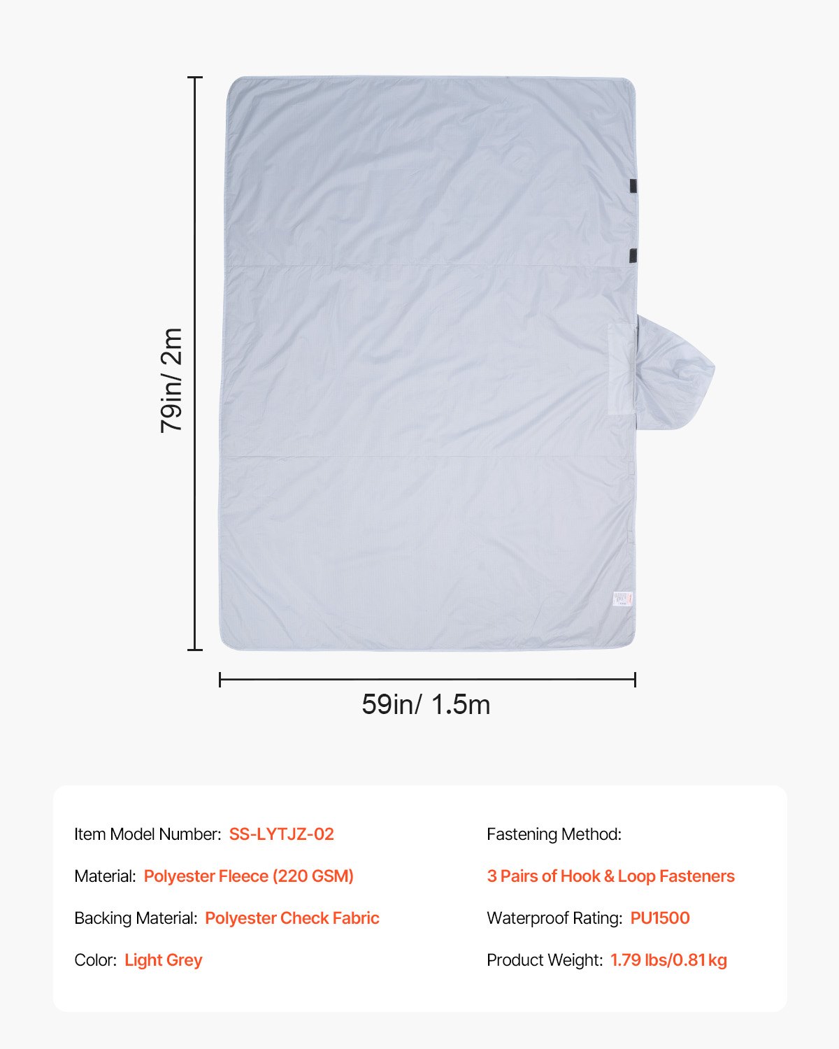 VEVOR Campingdecke 2x1,5m, Reisedecke, Fleecedecke, Stadiondecke, wasser- und winddicht, Polyester-Fleece, flammhemmend, ideal für draußen, Picknicks, Wandern, Sportveranstaltungen, Reisen, Hellgrau