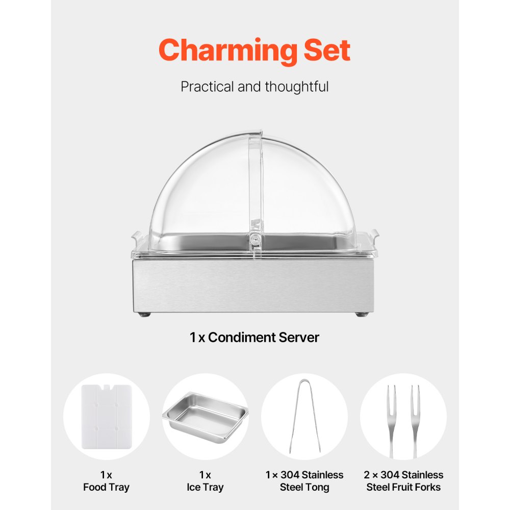 VEVOR Serving Container Buffet Container Gastronorm Container made of Stainless Steel (1 Container), Presentation Stand Serving Tray with Transparent Lid & 3 Ice Cube Trays for Restaurant Kitchen