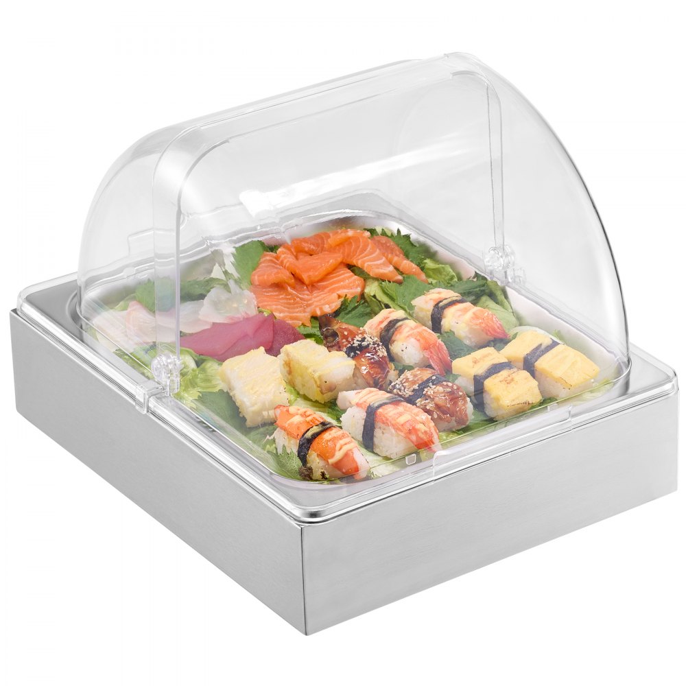 VEVOR Servierbehälter Buffet-Behälter Gastronormbehälter aus Edelstahl (1 Behälter), Präsentationsständer Serviertablett mit transparentem Deckel & 3 Eiswürfelschalen für Restaurant Küche