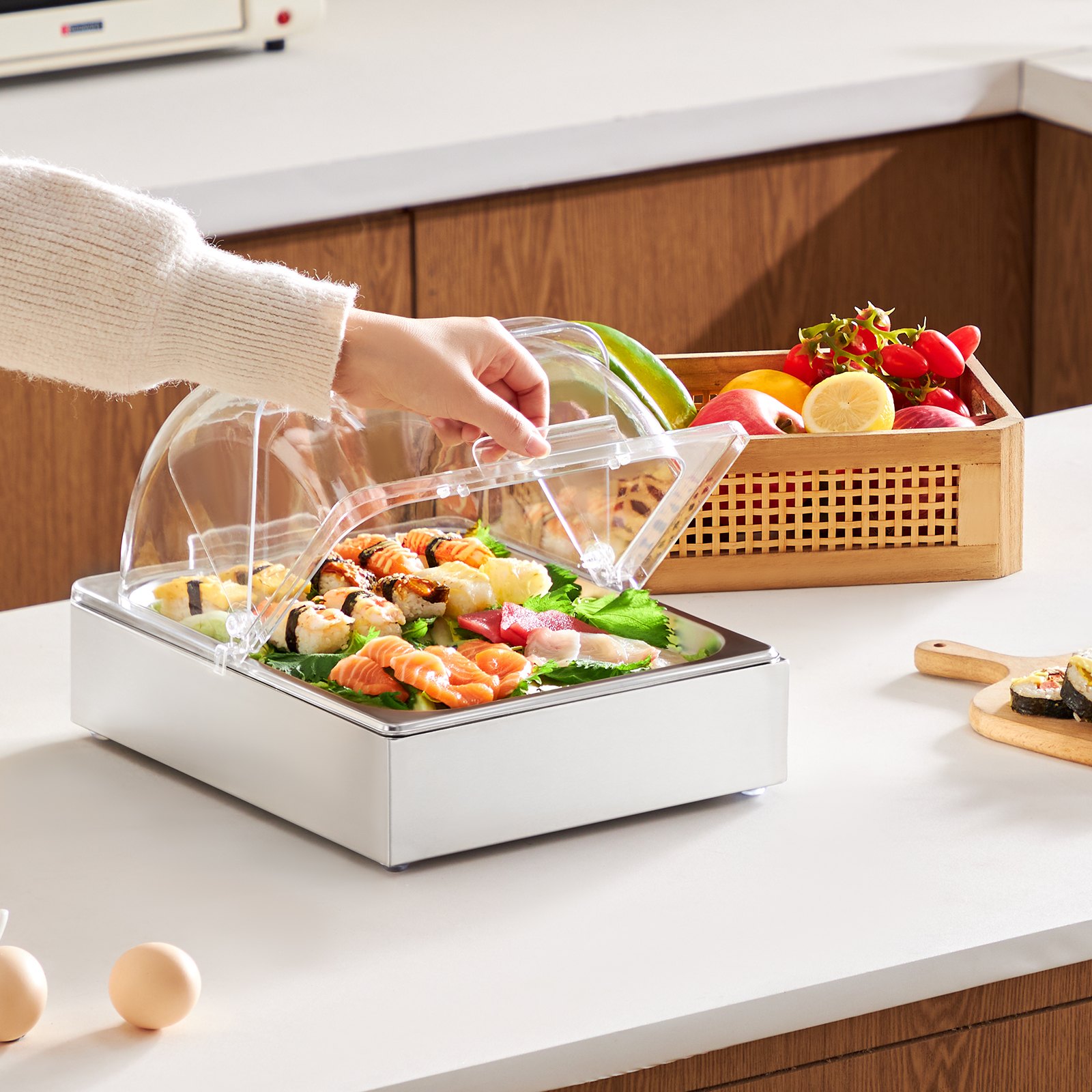 VEVOR Servierbehälter Buffet-Behälter Gastronormbehälter aus Edelstahl (1 Behälter), Präsentationsständer Serviertablett mit transparentem Deckel & 3 Eiswürfelschalen für Restaurant Küche