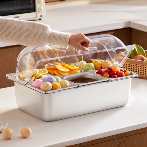 VEVOR Beilagenbehälter Zutatenbehälter Gastronormbehälter aus Edelstahl (6 x 1/6 Behälter), Präsentationsständer Buffet-Gewürzspender mit