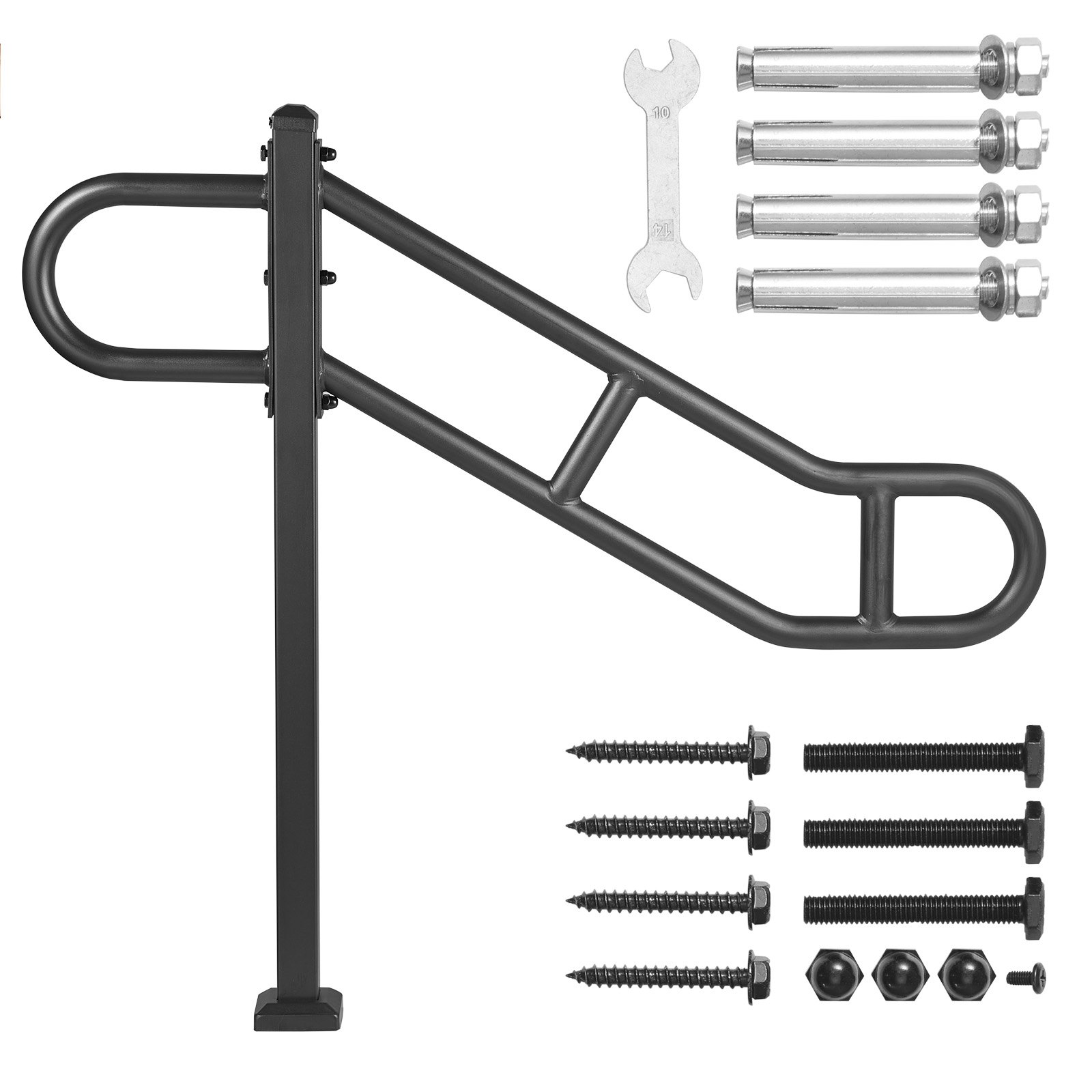 VEVOR Handlauf mit einem Pfosten für 1–3 Stufen im Außenbereich, 40,5" L x 35,4" H gebogener Treppenhandlauf aus Metall, bodenmontiertes Treppengeländer aus Karbonstahl, U-förmiger Haltegriff mit 2 rutschfesten Querstangen für die Garage