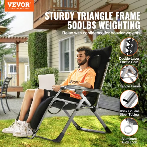 BDW Zero-Gravity Gartenliege – Klappbar, Stufenlos Verstellbar, Mit Kopfstütze, 175x65 Cm, Textilene-Bezug, Schwarz