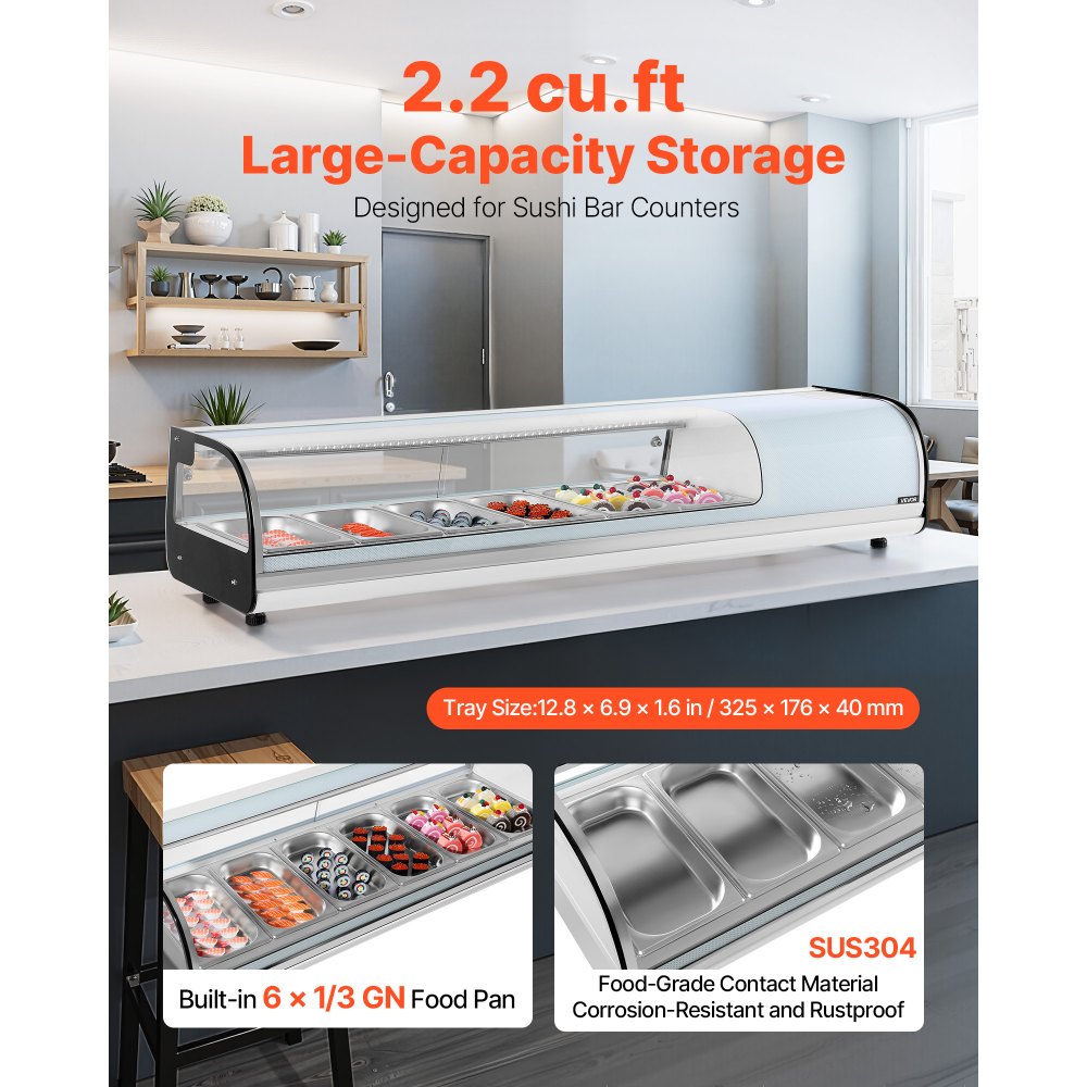 VEVOR Sushi Kühlvitrine 62 L kommerzielle Vitrine Kühlaufsatzvitrine (6 Pfannen) mit gebogenem Glas & LED-Beleuchtung & digitaler Temperaturregelung, Kühlschrank für Theke Restaurant Geschäft