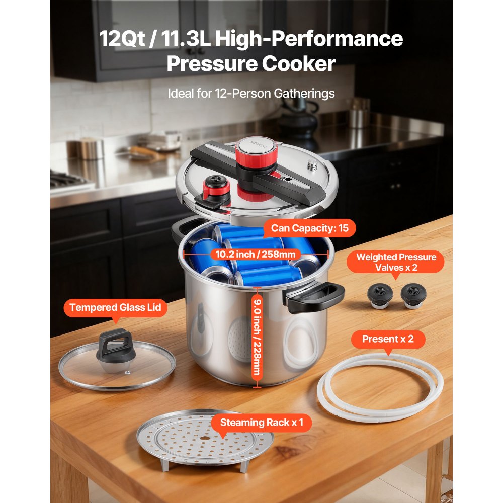 VEVOR Pressure Cooker, 11.3L Pressure Cooker Stainless Steel, Pressures Canner with Steaming Rack, Tempered Glass Lid, Three Pressures Settings for Meat, Beans, Rice, Soup, Sauces, Cook up to 100 kPa