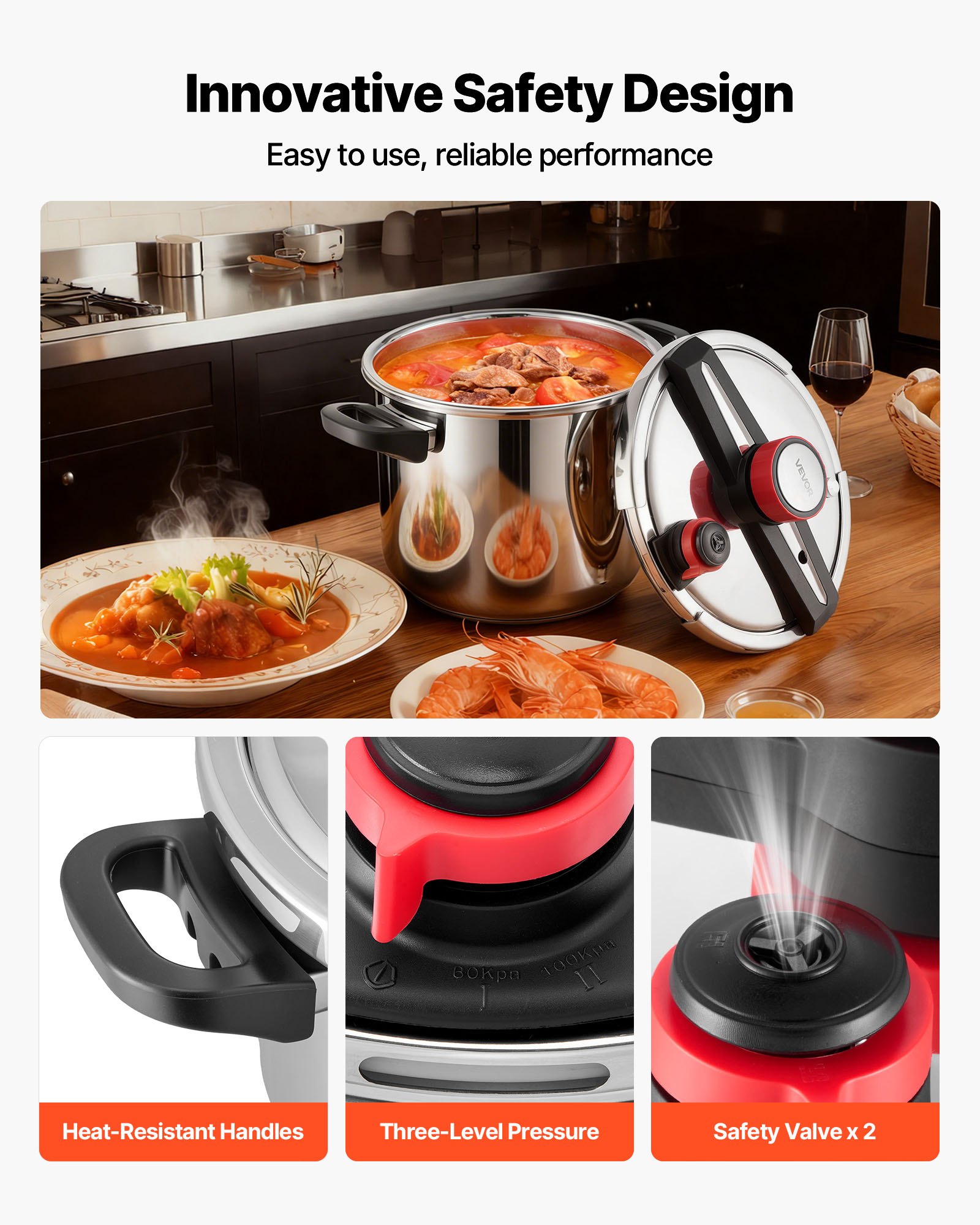 VEVOR Pressure Cooker, 11.3L Pressure Cooker Stainless Steel, Pressures Canner with Steaming Rack, Tempered Glass Lid, Three Pressures Settings for Meat, Beans, Rice, Soup, Sauces, Cook up to 100 kPa