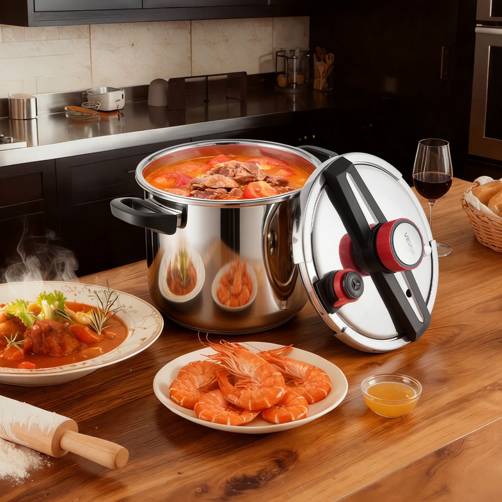 VEVOR Pressure Cooker, 11.3L Pressure Cooker Stainless Steel, Pressures Canner with Steaming Rack, Tempered Glass Lid, Three Pressures Settings for Meat, Beans, Rice, Soup, Sauces, Cook up to 100 kPa