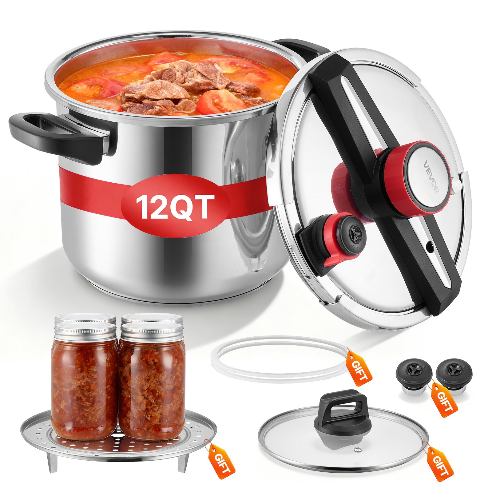 VEVOR Pressure Cooker, 11.3L Pressure Cooker Stainless Steel, Pressures Canner with Steaming Rack, Tempered Glass Lid, Three Pressures Settings for Meat, Beans, Rice, Soup, Sauces, Cook up to 100 kPa