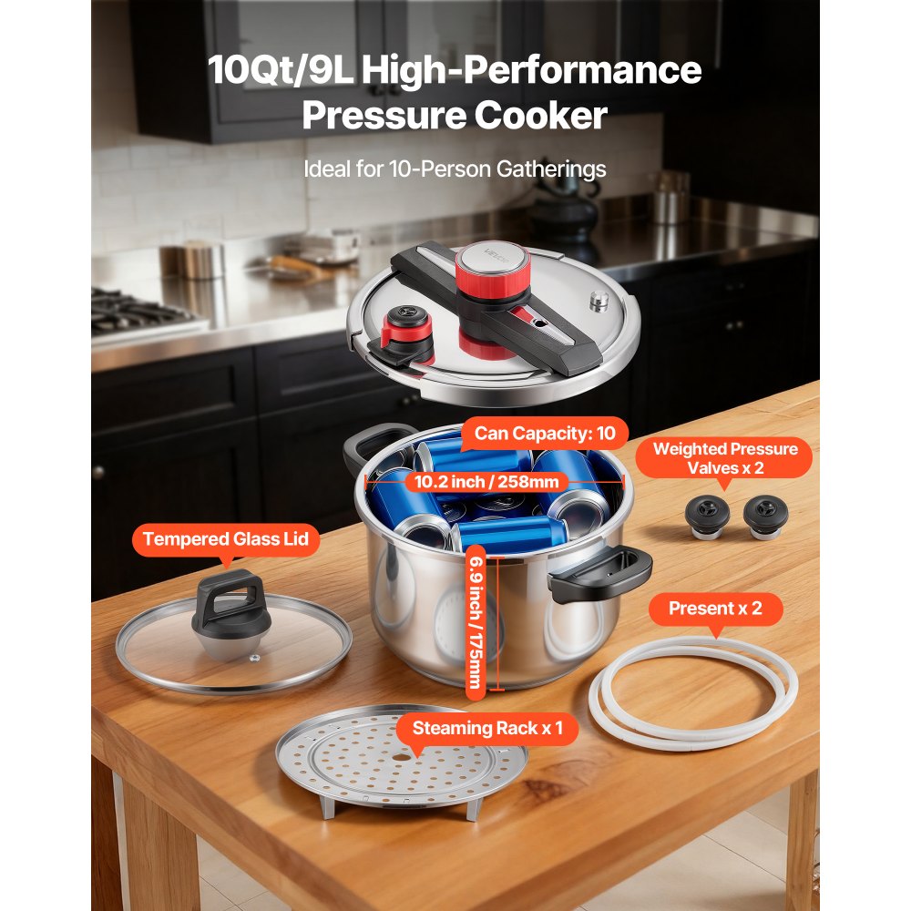VEVOR Schnellkochtopf 9 L, Dampfkochtopf aus Edelstahl mit Dampfeinsatz & Deckel aus Gehärtetem Glas & 3 Druckstufen für Fleisch Bohnen Reis Suppen Soßen, Schnellkochtopf bis zu 100 kPa