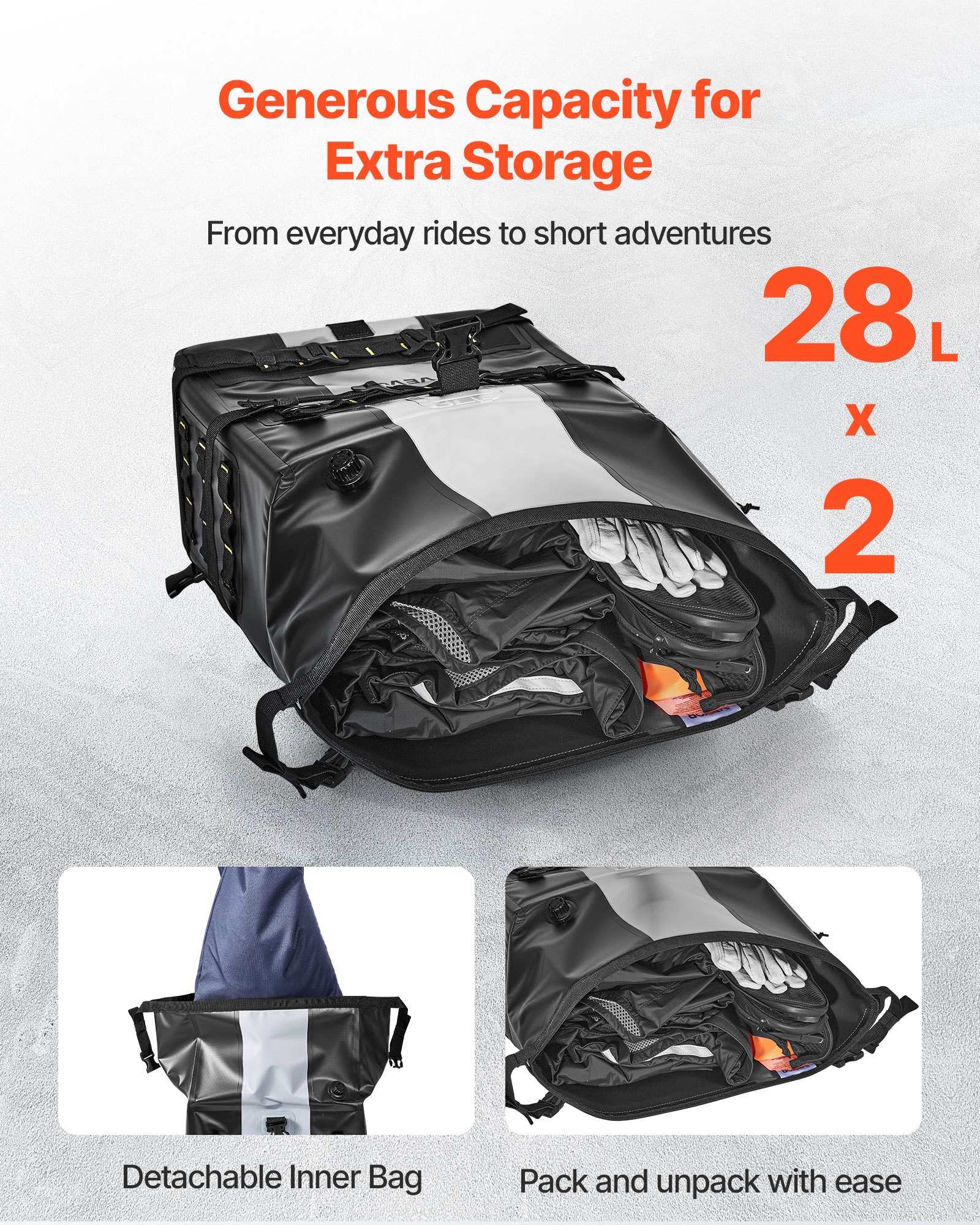 VEVOR Motorradtasche Motorrad Satteltasche 28 L x 2 wasserfest, Seitensatteltasche für Motorradgepäck, Gepäckaufbewahrung mit abnehmbarer Innentasche, Schwarz Seitentasche Outdoor Sport