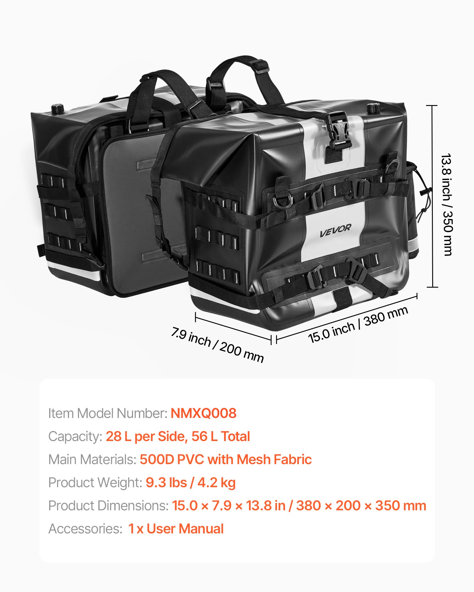 VEVOR Motorradtasche Motorrad Satteltasche 28 L x 2 wasserfest, Seitensatteltasche für Motorradgepäck, Gepäckaufbewahrung mit abnehmbarer Innentasche, Schwarz Seitentasche Outdoor Sport