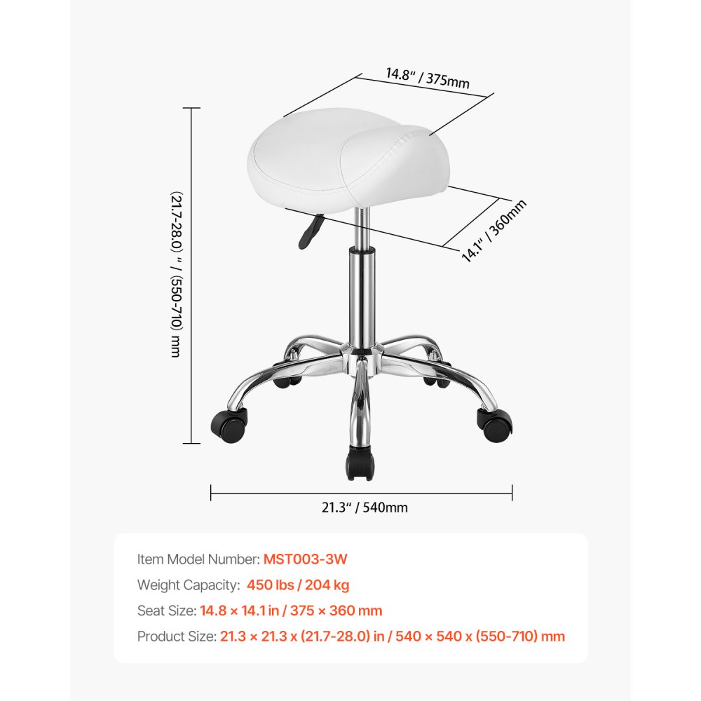 VEVOR Sattelhocker Rollhocker 204 kg belastbarer höhenverstellbarer (55-71 cm) Drehhocker Arbeitshocker, ergonomischer verdickter PU-Leder-Drehsattelstuhl für Salon Spa Massage Klinik, Weiß