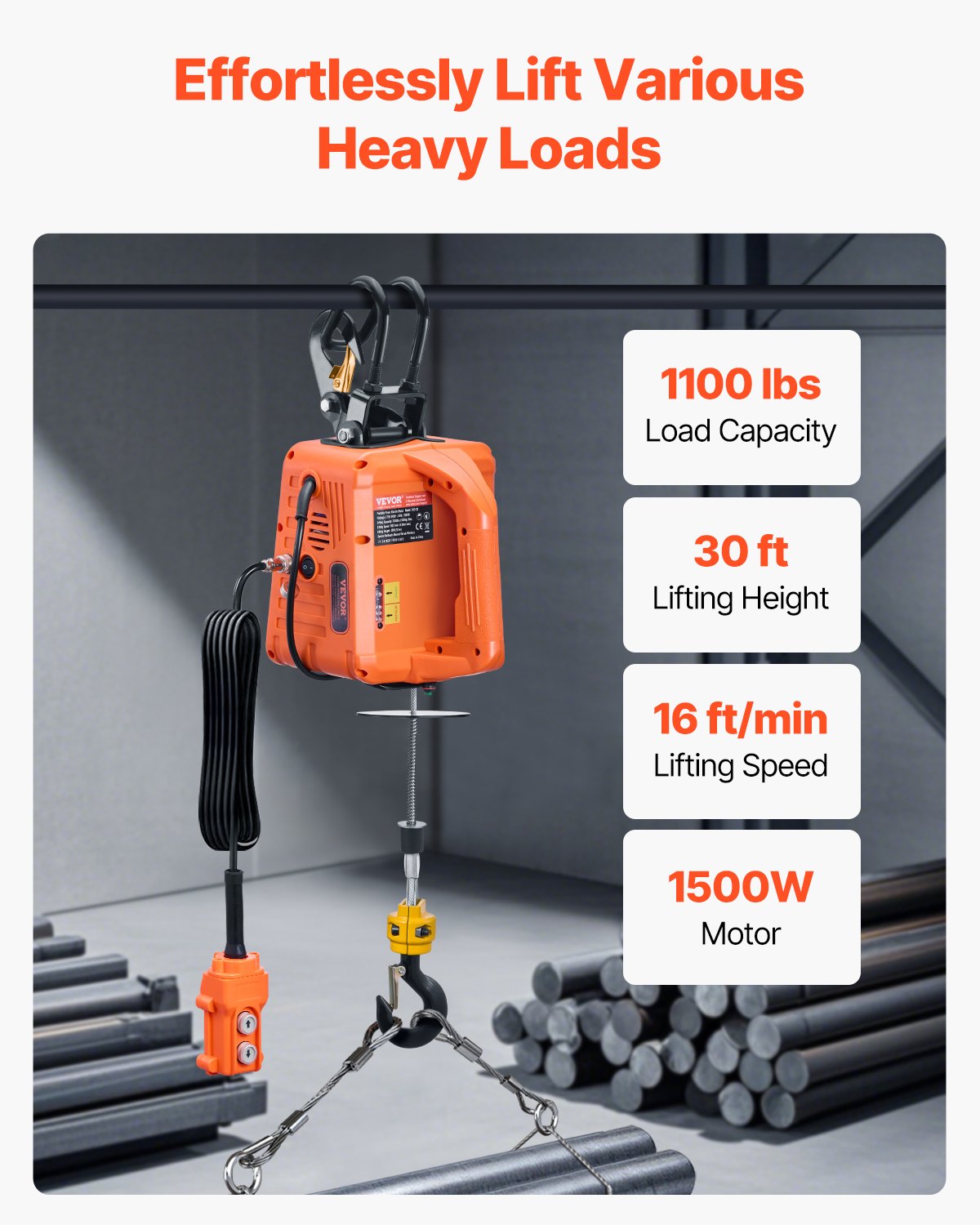 VEVOR 3-in-1 electric lifting winch, 500 kg capacity, 1500 W portable power winch, 9.1 m lifting height, 4 m/min with wired and wireless remote control, for garage, warehouse, factory for lifting and towing