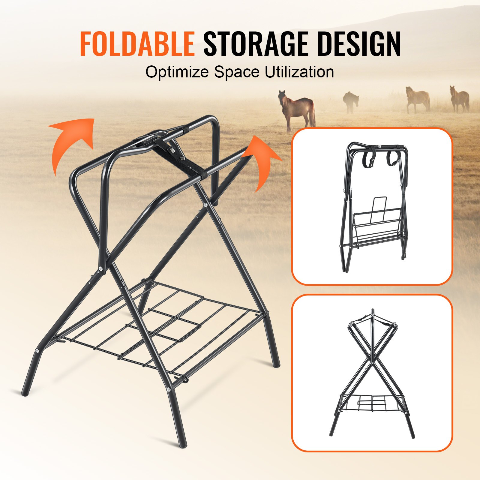 VEVOR Foldable Saddle Rack, Set of 2, Horse Saddle Stand up to 60 kg, Portable Horse Blanket Holder, Sturdy Steel Saddle Stand for English and Western Saddles, Bridle Storage, Black