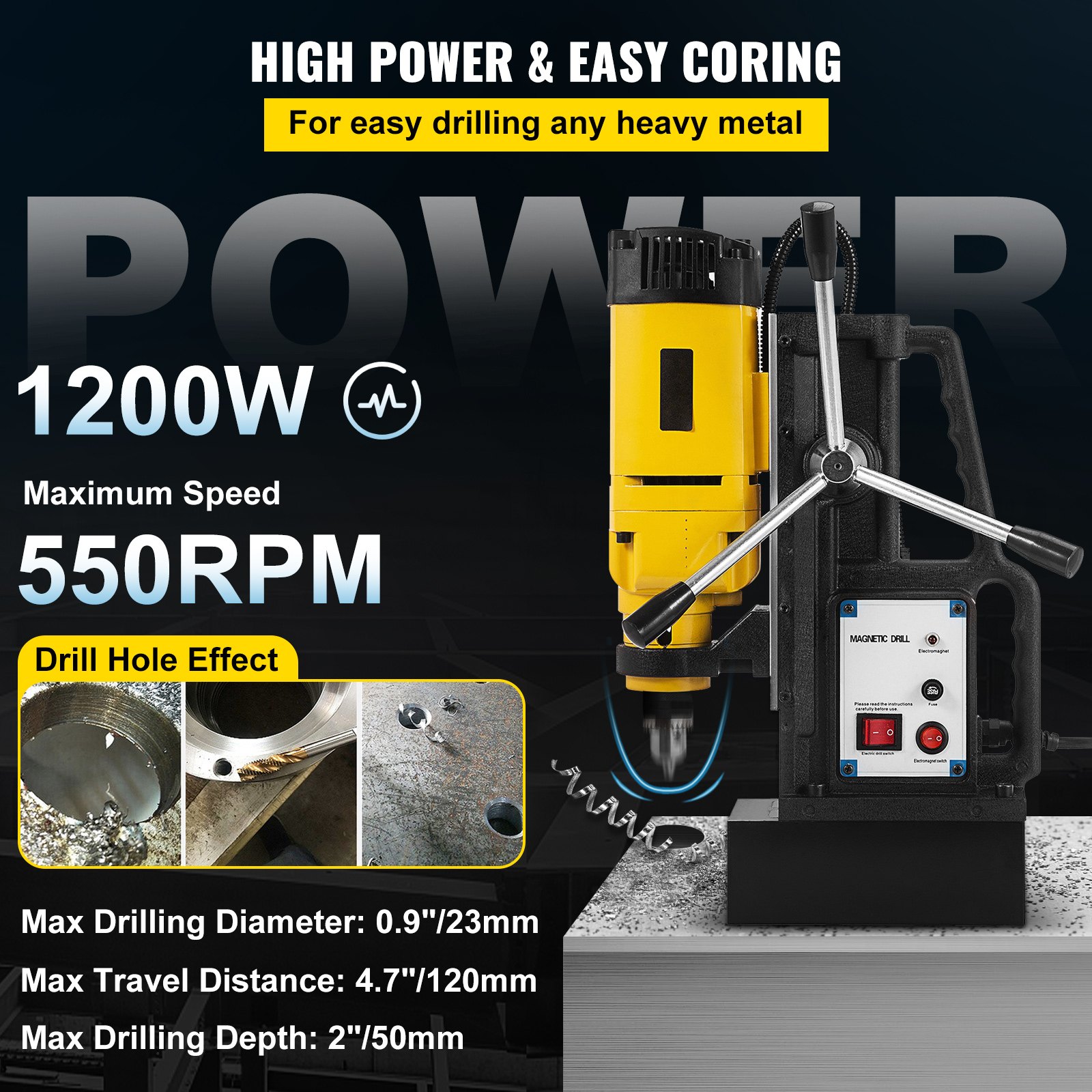 VEVOR MB-23 Magnetbohrmaschine, 1200 W Kernbohrmaschine, 500 U/min Kernbohrer, 0 - 180 mm Diamantbohrkronen - Set, Fliesenbohrkrone, 230 V Nass-Bohrkrone für Stahlkonstruktion, Schiffbau und Strombau