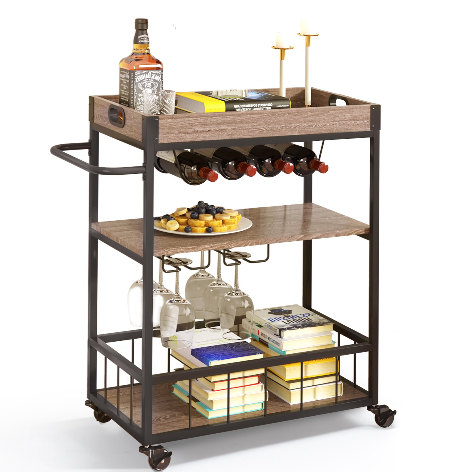 VEVOR 3-lagiges Servierwagen Vintage Küchenwagen, 79,5 x 40 x 90 cm Rollwagen Barwagen 50 kg, MDF-Platte + Stahl Servierwagen mit Haken & Weinregalen für Restaurant, Party, Innendekoration usw.