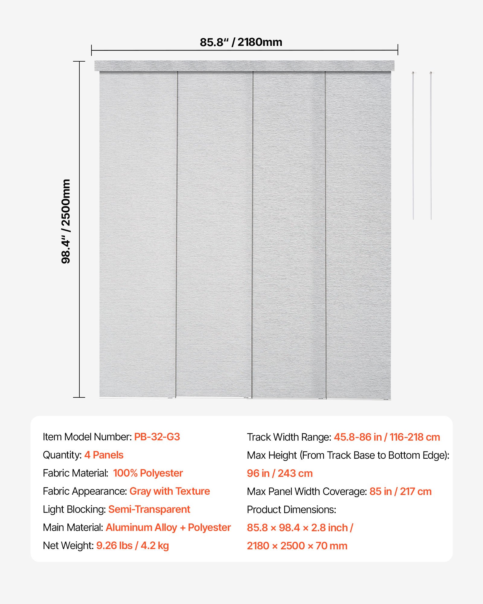 VEVOR Panel Track Blinds, Extendable Track from 116 cm to 218 cm W, Trimmable Panel Curtains Up to 243cm H, Adjustable Vertical Panel Blinds for Sliding Doors, Patio Doors, Room Divider, Window, Gray