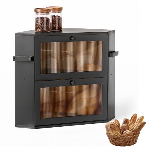 VEVOR Eck-Brotkasten 2 Ebenen Acrylfenster 35x35x42 cm Bambusholz Schwarz Ideal für Bagels, Muffins & Selbstgebackenes Brot, mit Magnetverschluss, Seitenhaken & Belüftungslöchern, Brotbox Küche