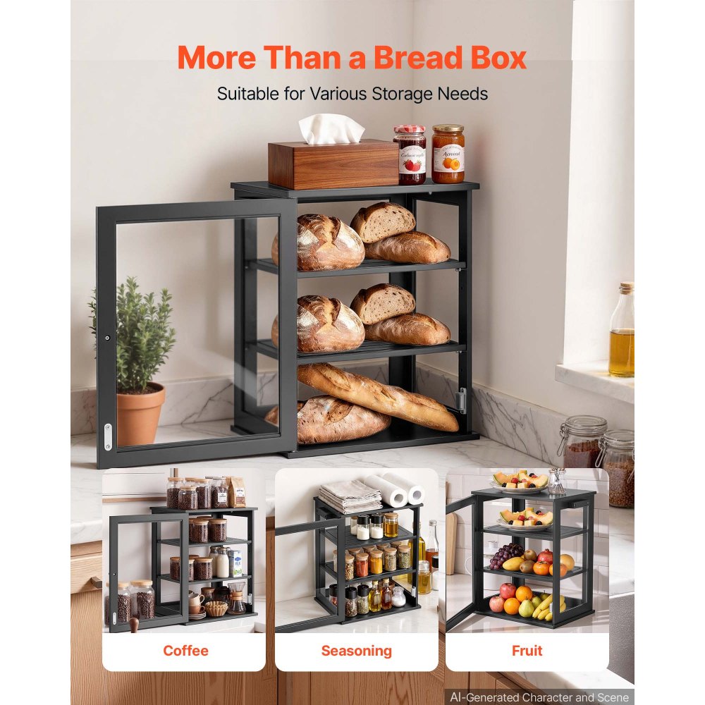 VEVOR Brotkasten mit 3 Ebenen 330 x 251 x 410 mm Brotbox Bambusholz Schwarz Ideal für Bagels & Muffins, mit Magnetverschluss, Seitenhaken, Rutschfestem Boden & 3-Stufig Höhenverstellbarem Einlegeboden