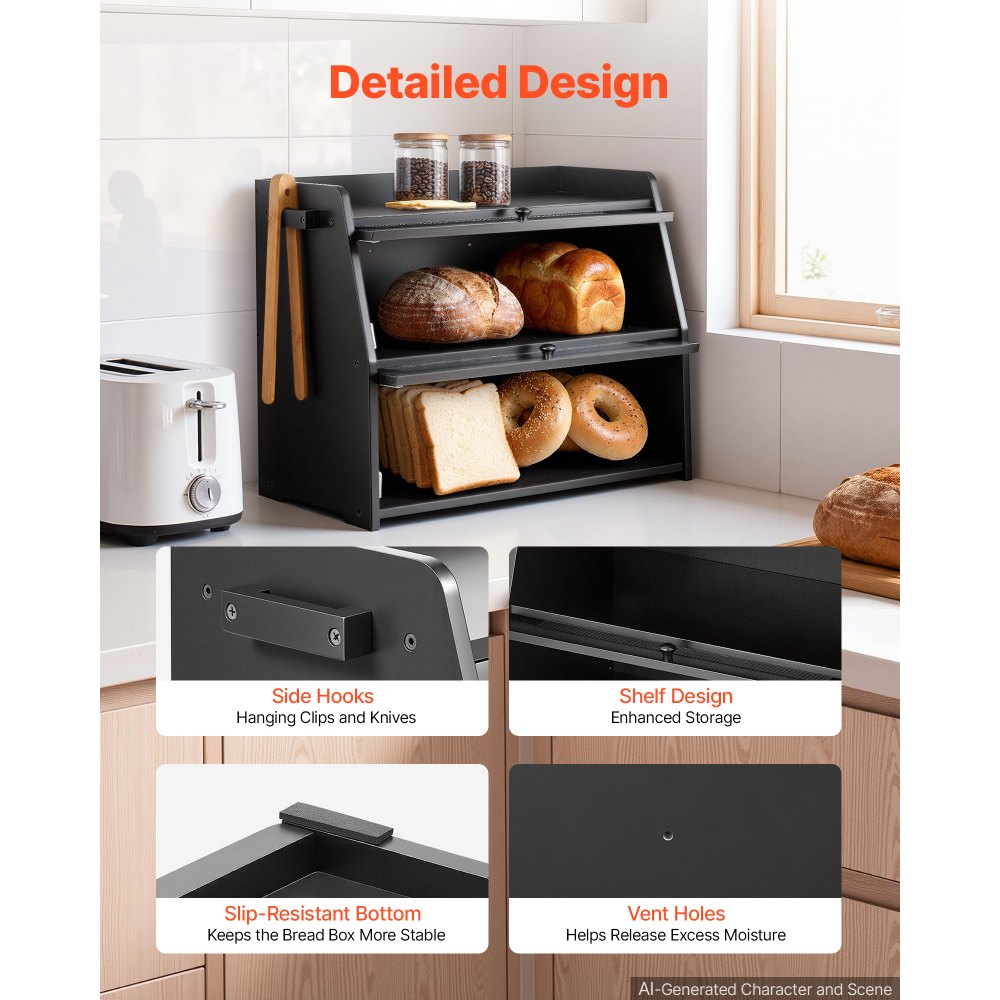 VEVOR Brotkasten mit 2 Acrylfenstern 464 x 251 x 361 mm Bambusholz Schwarz für Bagels, Muffins & Selbstgebackenes Brot, Brotbox mit Magnetverschluss, Seitenhaken & Belüftungslöchern, Brotkiste Küche