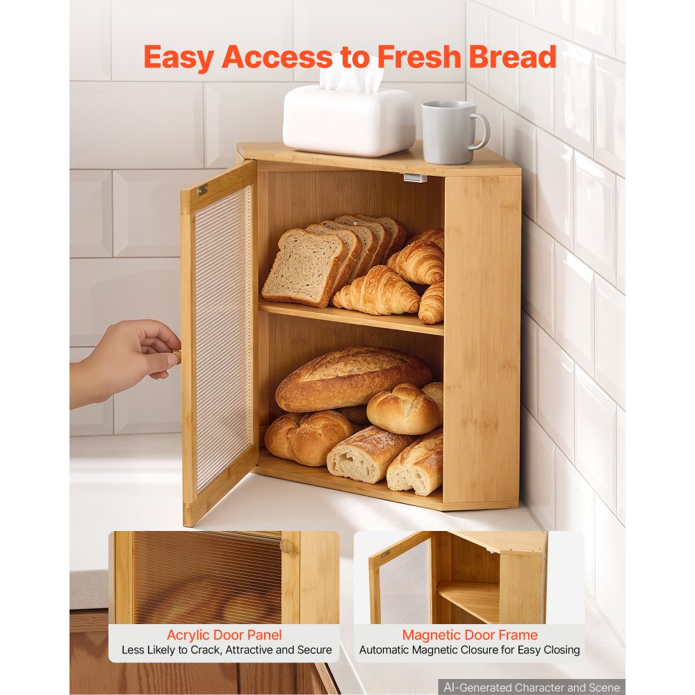VEVOR Eck-Brotkasten 2 Ebenen Acrylfenster Brotbox 321x321x427mm Bambusholz Ideal für Bagels, Muffins & Selbstgebackenes Brot, Magnetverschluss & 3-Stufig Höhenverstellbarer Einlegeboden, Belüftet