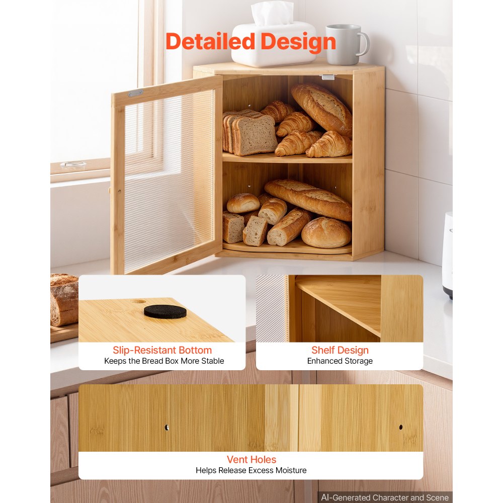 VEVOR Eck-Brotkasten 2 Ebenen Acrylfenster Brotbox 321x321x427mm Bambusholz Ideal für Bagels, Muffins & Selbstgebackenes Brot, Magnetverschluss & 3-Stufig Höhenverstellbarer Einlegeboden, Belüftet