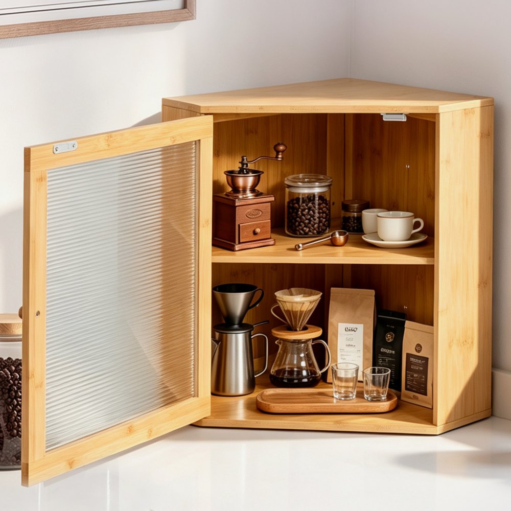 VEVOR Eck-Brotkasten 2 Ebenen Acrylfenster Brotbox 321x321x427mm Bambusholz Ideal für Bagels, Muffins & Selbstgebackenes Brot, Magnetverschluss & 3-Stufig Höhenverstellbarer Einlegeboden, Belüftet