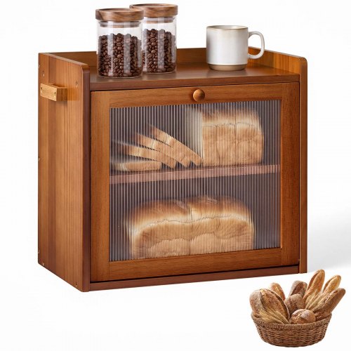 VEVOR Brotkasten mit Acryltür 367 x 239 x 340 mm Brotbox Kiefernholz Braun für Bagels, Muffins & Selbstgebackenes Brot, mit Seitenhaken, Belüftungslöchern & 3-stufig Höhenverstellbarem Einlegeboden