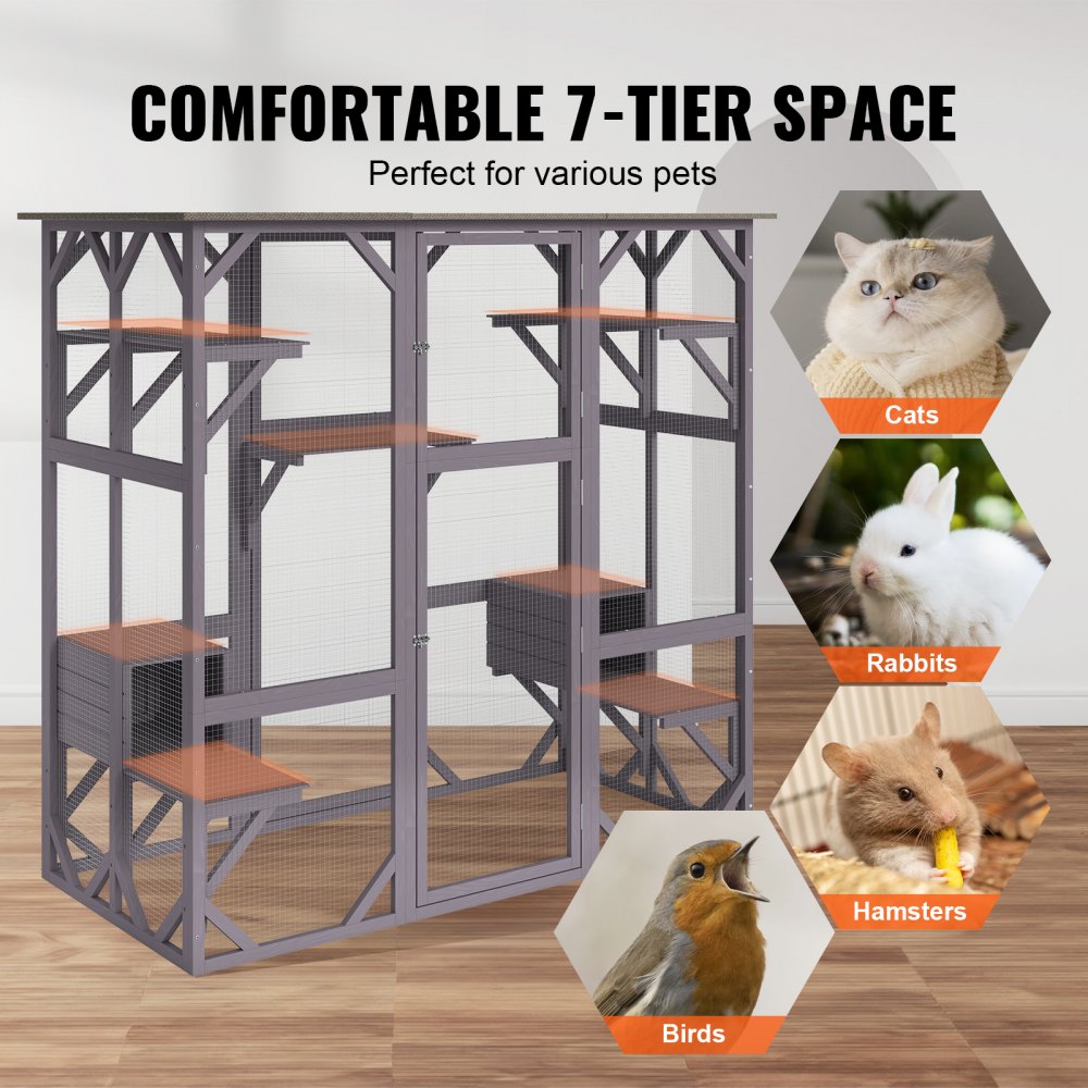 VEVOR Katzenkäfig Condo Catio Katzengehege aus Holz mit 5 Plattformen, 7-stöckiger Haustier-Laufstall mit 2 Ruheboxen, Katzenkiste Katzenhütte mit wasserdichtem Dach, 180 cm L x 88 cm B x 168 cm H