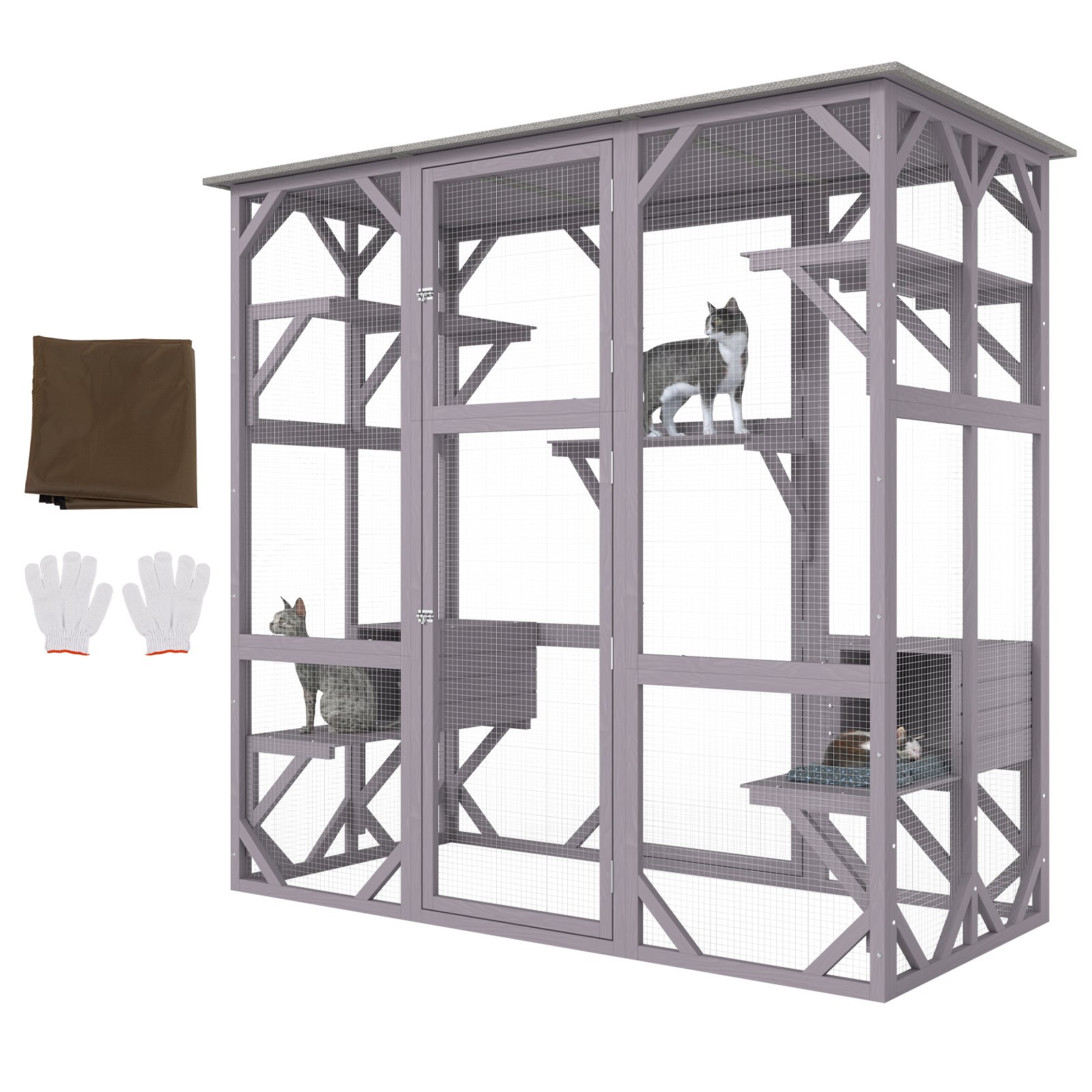 VEVOR Katzenkäfig Condo Catio Katzengehege aus Holz mit 5 Plattformen, 7-stöckiger Haustier-Laufstall mit 2 Ruheboxen, Katzenkiste Katzenhütte mit wasserdichtem Dach, 180 cm L x 88 cm B x 168 cm H