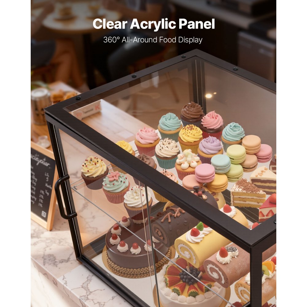 VEVOR Bakery Display Case, 2-Tier Commercial Countertop Pastry Display Case, Clear Acrylic Bread Box for Kitchen, Party Cake Cabinet with Sliding Door for Cookie Dessert Donut, 550 x 385 x 390 mm