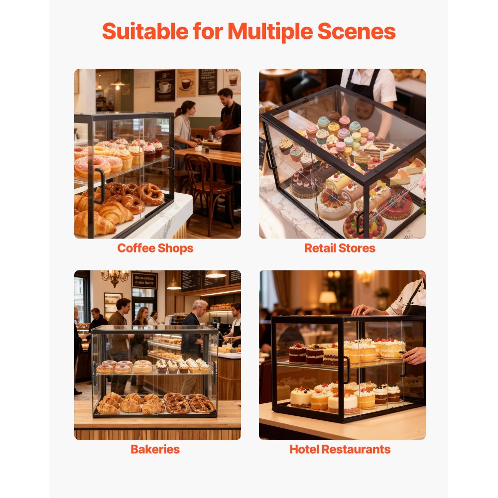 VEVOR Bakery Display Case, 2-Tier Commercial Countertop Pastry Display Case, Clear Acrylic Bread Box for Kitchen, Party Cake Cabinet with Sliding Door for Cookie Dessert Donut, 550 x 385 x 390 mm