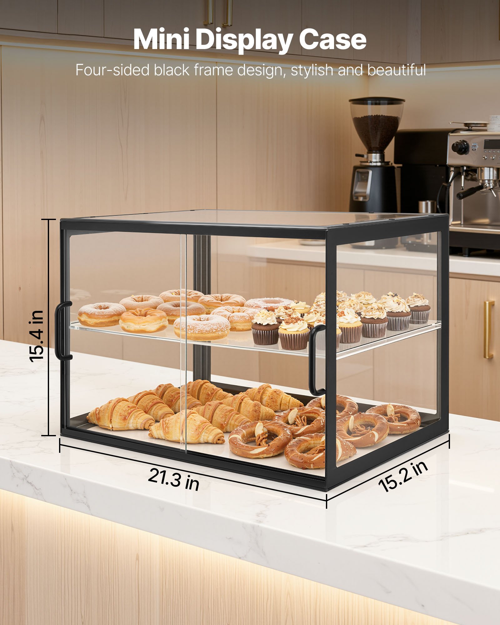 VEVOR Bakery Display Case, 2-Tier Commercial Countertop Pastry Display Case, Clear Acrylic Bread Box for Kitchen, Party Cake Cabinet with Sliding Door for Cookie Dessert Donut, 550 x 385 x 390 mm