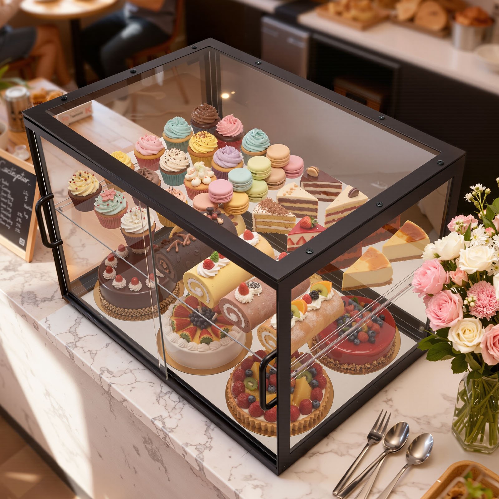 VEVOR Bakery Display Case, 2-Tier Commercial Countertop Pastry Display Case, Clear Acrylic Bread Box for Kitchen, Party Cake Cabinet with Sliding Door for Cookie Dessert Donut, 550 x 385 x 390 mm