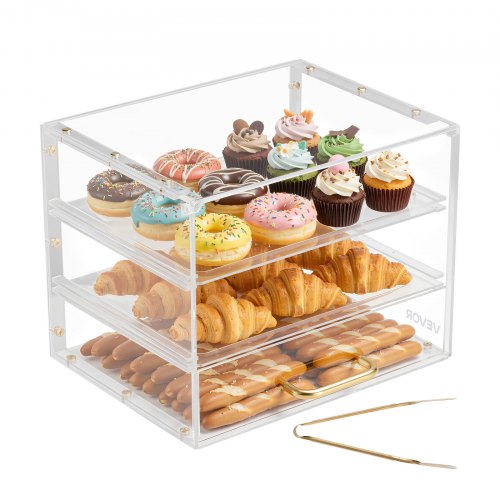 VEVOR Gebäckvitrine 3-stöckig, Gewerbliche Bäckereivitrine aus Transparentem Acryl, Thekenvitrine mit Klapptür & Abnehmbarer Trennwand für Kekse, Desserts und Donuts, 33 x 26 x 26 cm