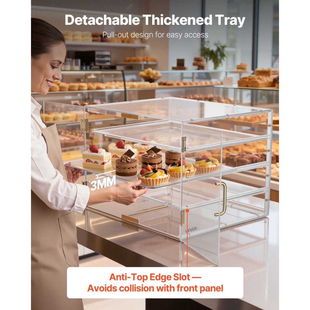 VEVOR Gebäckvitrine 4-stöckig, Gewerbliche Bäckereivitrine aus Transparentem Acryl, Thekenvitrine mit Magnetischer Rücktür & Abnehmbarer Trennwand für Kekse Desserts Donuts, 570 x 455 x 405 mm