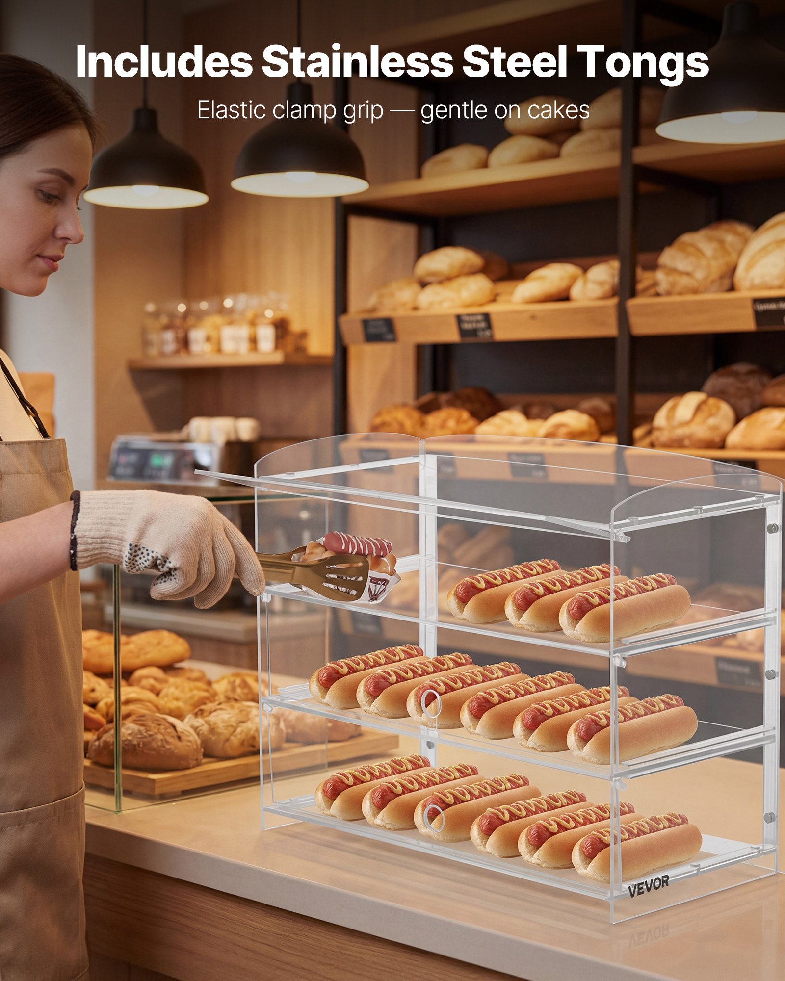 VEVOR Bakery Display Case, 3-Tier Commercial Countertop Pastry Display Case, Clear Acrylic Bread Box for Kitchen, Party Cake Cabinet with Flip-Up Door for Cookie Dessert Donut, 482 x 232 x 380 mm