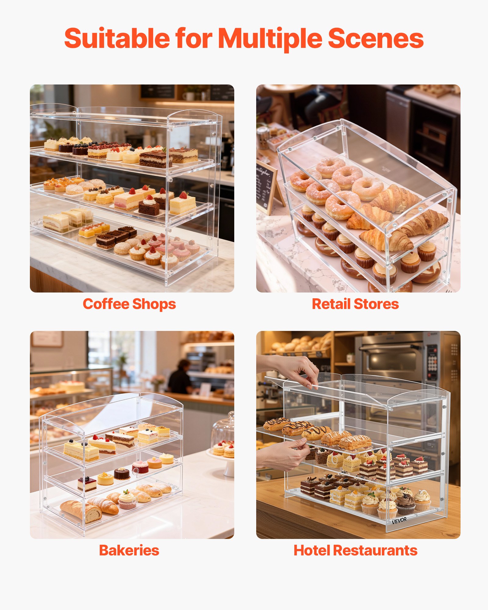 VEVOR Bakery Display Case, 3-Tier Commercial Countertop Pastry Display Case, Clear Acrylic Bread Box for Kitchen, Party Cake Cabinet with Flip-Up Door for Cookie Dessert Donut, 482 x 232 x 380 mm