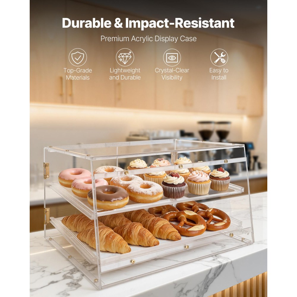 VEVOR Gebäckvitrine 2-stöckig, Gewerbliche Bäckereivitrine aus Transparentem Acryl, Thekenvitrine mit Magnetischer Rücktür & Abnehmbarer Trennwand für Kekse, Desserts und Donuts, 526 x 400 x 305 mm