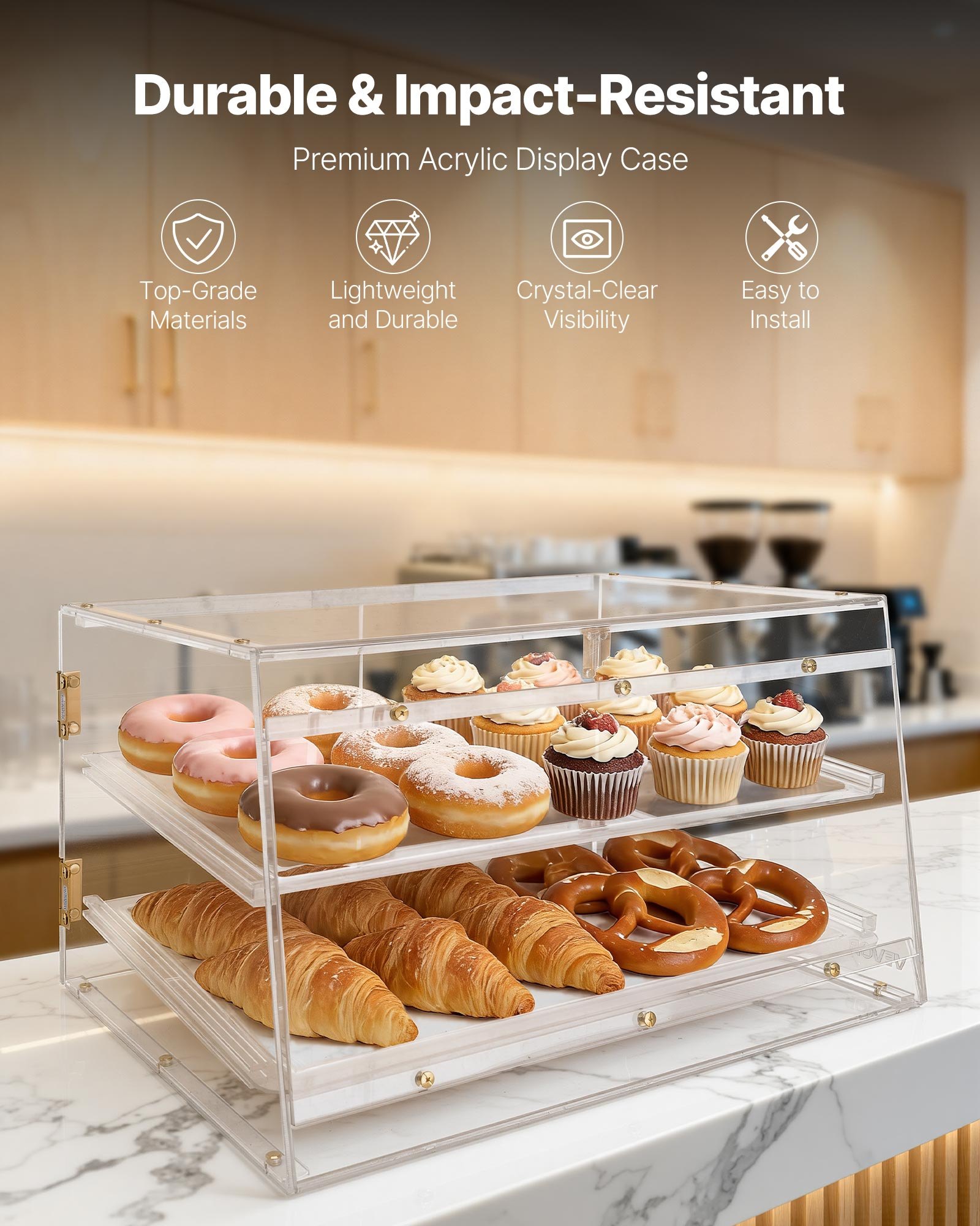 VEVOR Gebäckvitrine 2-stöckig, Gewerbliche Bäckereivitrine aus Transparentem Acryl, Thekenvitrine mit Magnetischer Rücktür & Abnehmbarer Trennwand für Kekse, Desserts und Donuts, 526 x 400 x 305 mm