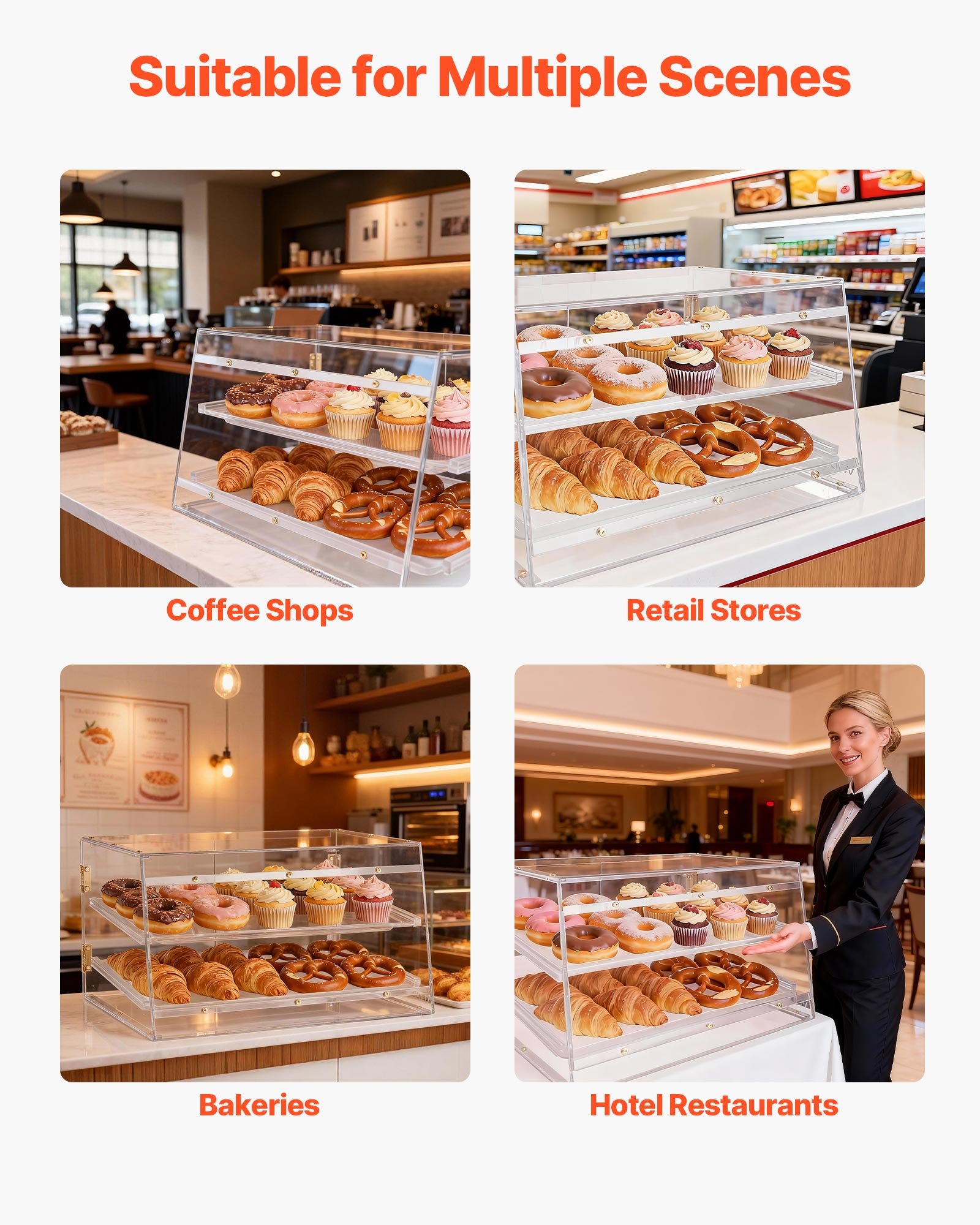 VEVOR Gebäckvitrine 2-stöckig, Gewerbliche Bäckereivitrine aus Transparentem Acryl, Thekenvitrine mit Magnetischer Rücktür & Abnehmbarer Trennwand für Kekse, Desserts und Donuts, 526 x 400 x 305 mm