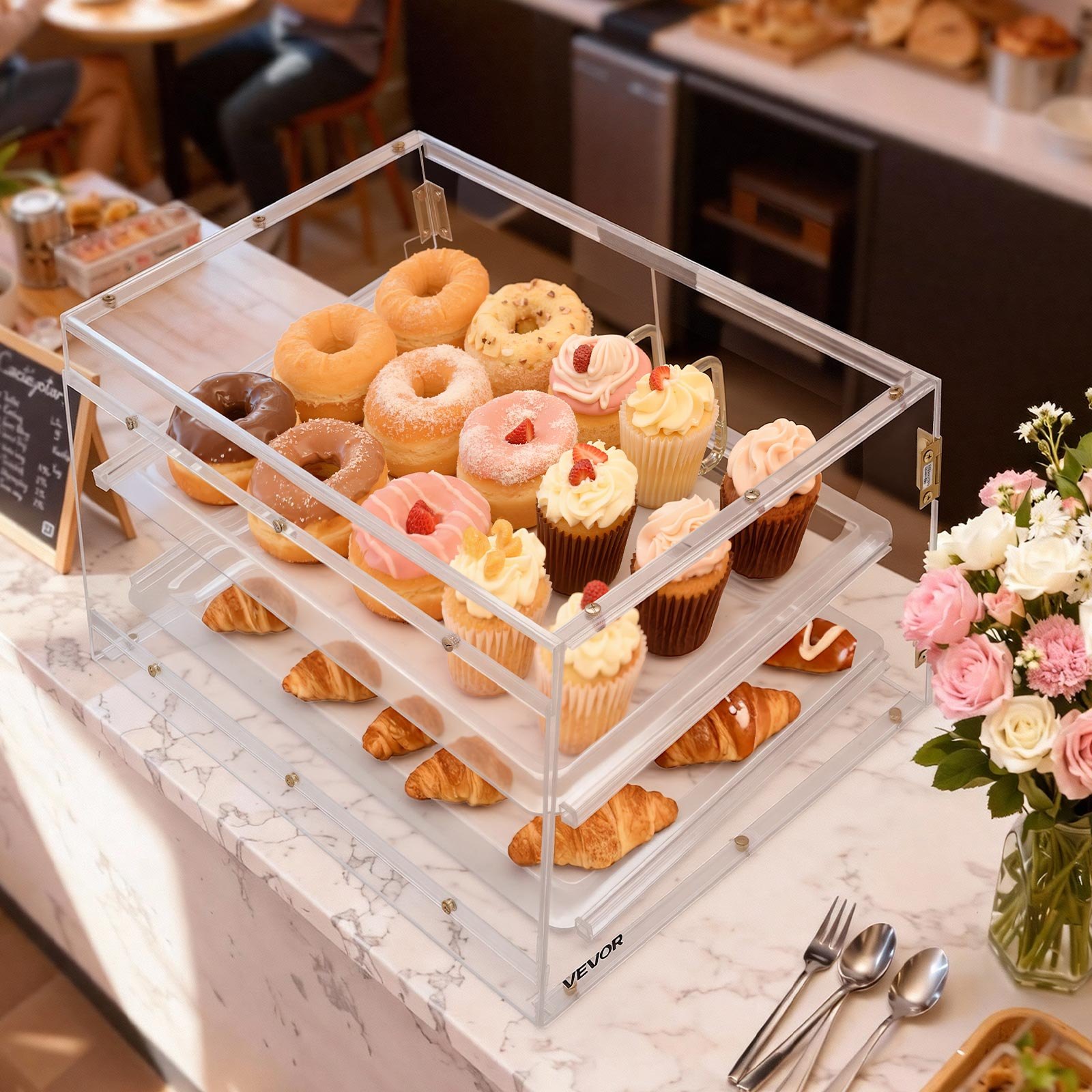 VEVOR Gebäckvitrine 2-stöckig, Gewerbliche Bäckereivitrine aus Transparentem Acryl, Thekenvitrine mit Magnetischer Rücktür & Abnehmbarer Trennwand für Kekse, Desserts und Donuts, 526 x 400 x 305 mm