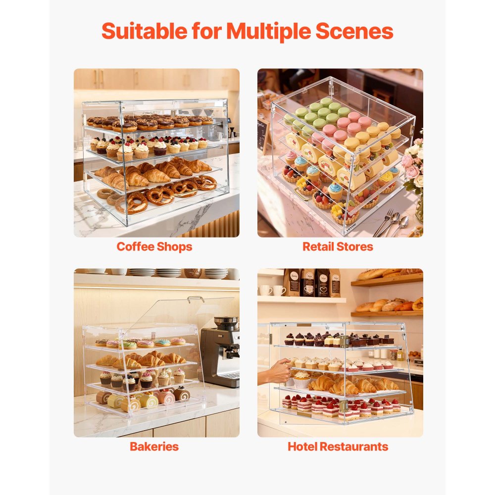VEVOR Gebäckvitrine 4-stöckig, Gewerbliche Bäckereivitrine aus Transparentem Acryl, Thekenvitrine mit Magnetischer Rücktür & Abnehmbarer Trennwand für Kekse Desserts Donuts, 530 x 435 x 415 mm