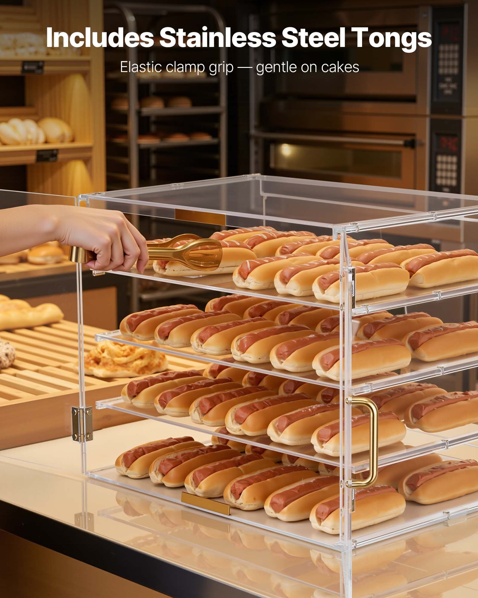 VEVOR Gebäckvitrine 4-stöckig, Gewerbliche Bäckereivitrine aus Transparentem Acryl, Thekenvitrine mit Magnetischer Rücktür & Abnehmbarer Trennwand für Kekse Desserts Donuts, 530 x 435 x 415 mm