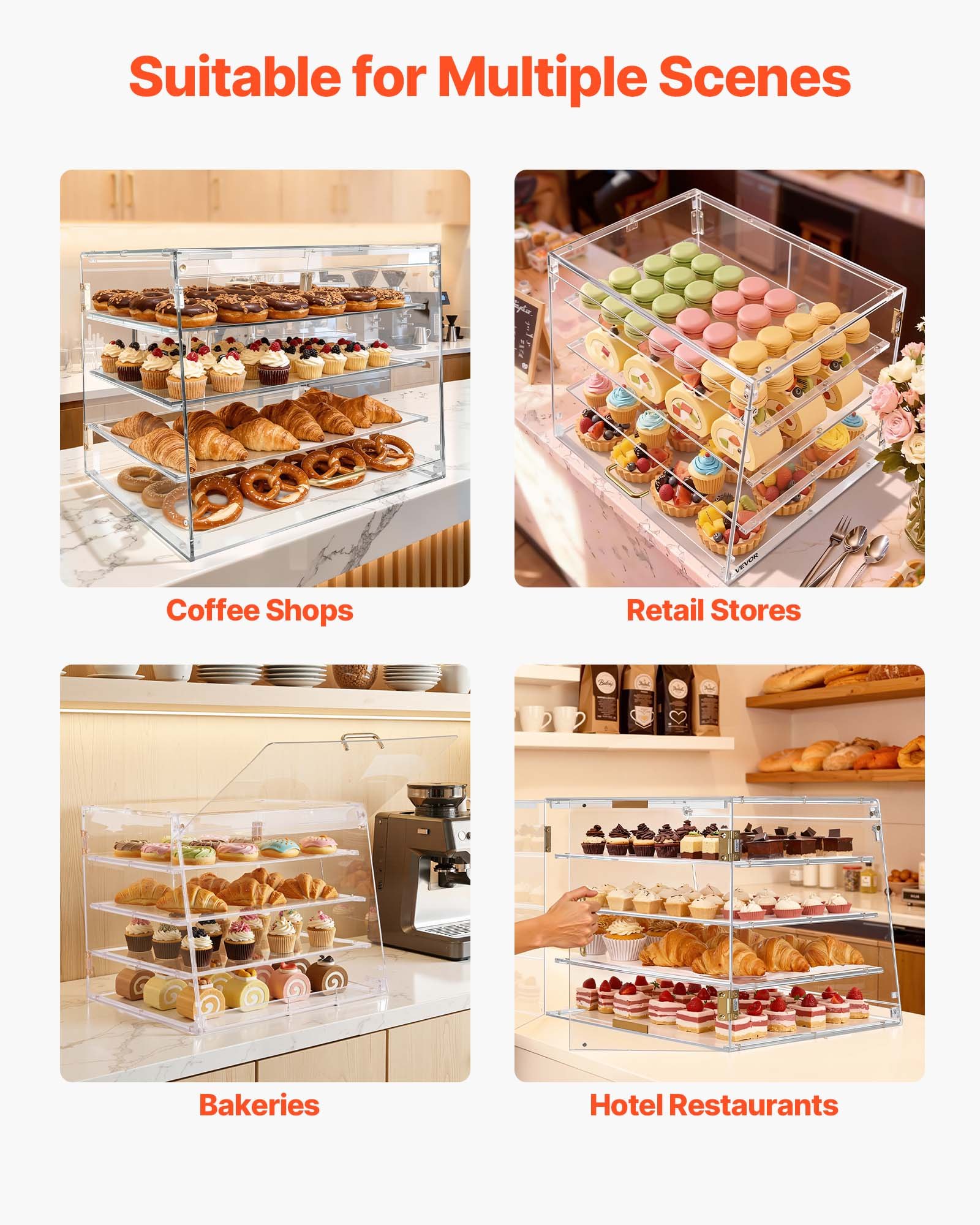 VEVOR Gebäckvitrine 4-stöckig, Gewerbliche Bäckereivitrine aus Transparentem Acryl, Thekenvitrine mit Magnetischer Rücktür & Abnehmbarer Trennwand für Kekse Desserts Donuts, 530 x 435 x 415 mm