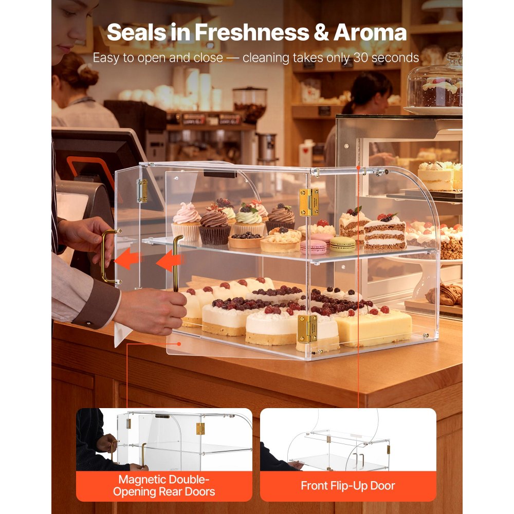 VEVOR Gebäckvitrine 2-stöckig, Gewerbliche Bäckereivitrine aus Transparentem Acryl, Thekenvitrine mit Magnetischer Rücktür & Abnehmbarer Trennwand für Kekse Desserts Donuts, 558 x 355 x 355 mm