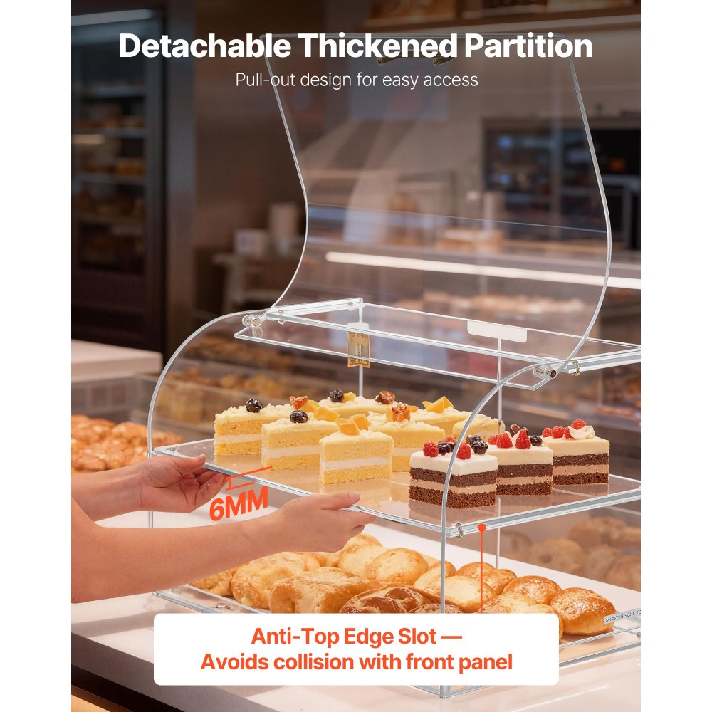 VEVOR Gebäckvitrine 2-stöckig, Gewerbliche Bäckereivitrine aus Transparentem Acryl, Thekenvitrine mit Magnetischer Rücktür & Abnehmbarer Trennwand für Kekse Desserts Donuts, 558 x 355 x 355 mm